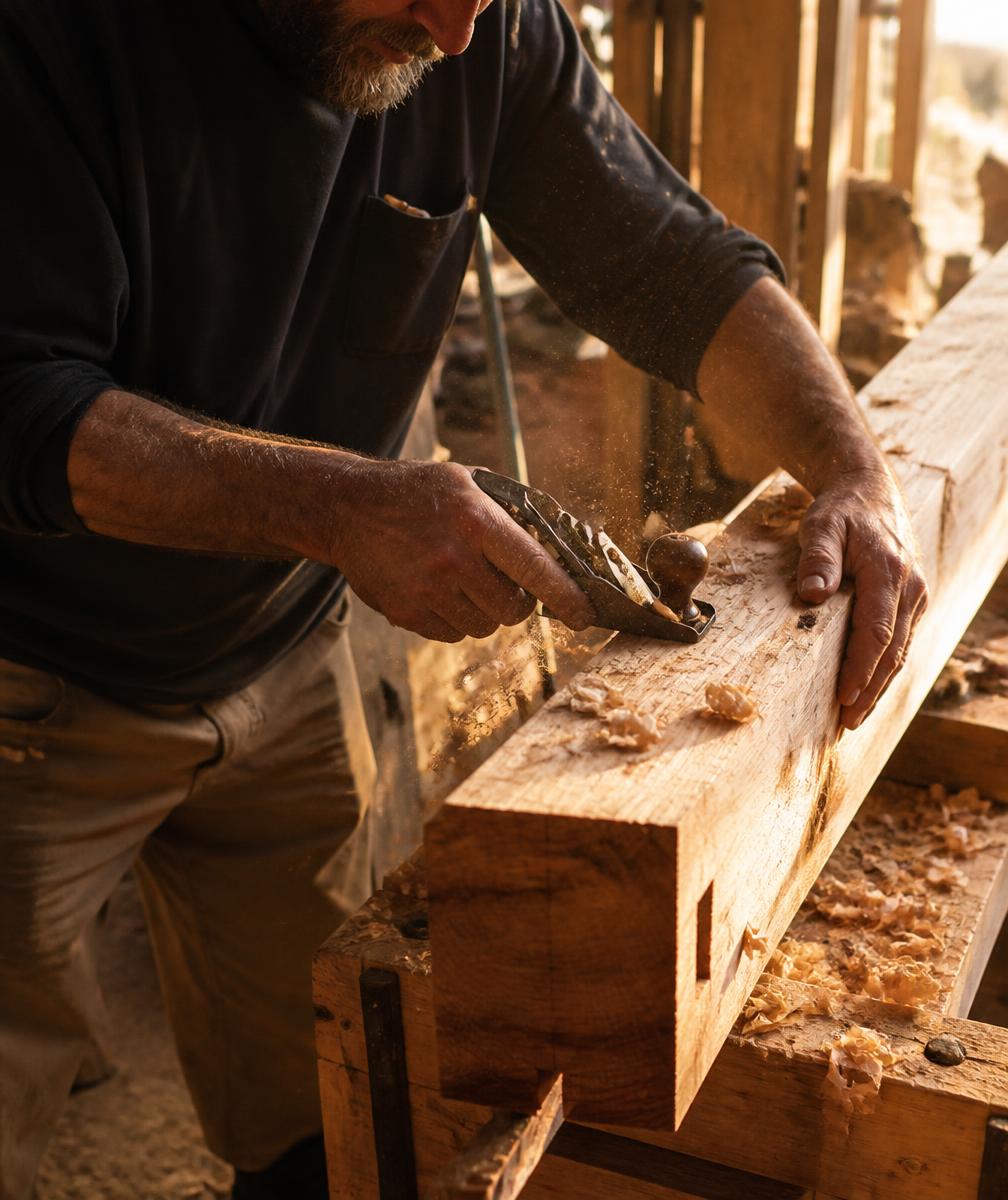 Craftsman hand-planing a cedar timber beam in golden afternoon light