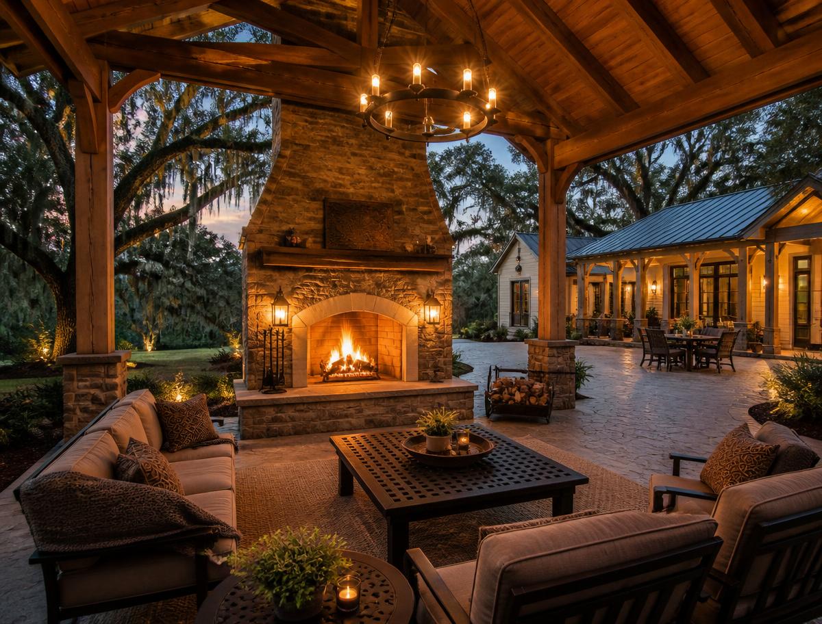 Outdoor stone fireplace glowing beneath a cedar pavilion at dusk