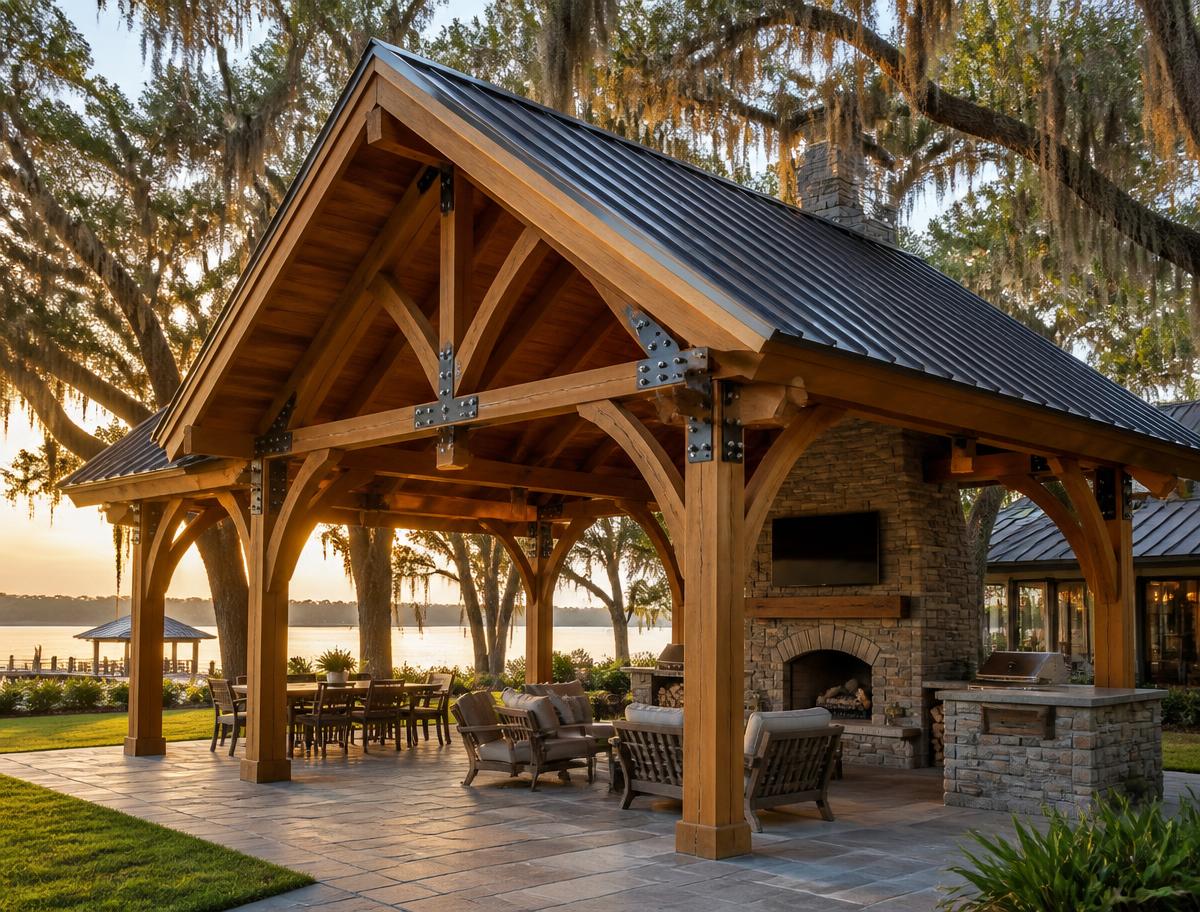 Cedar pavilion beside the water at golden hour