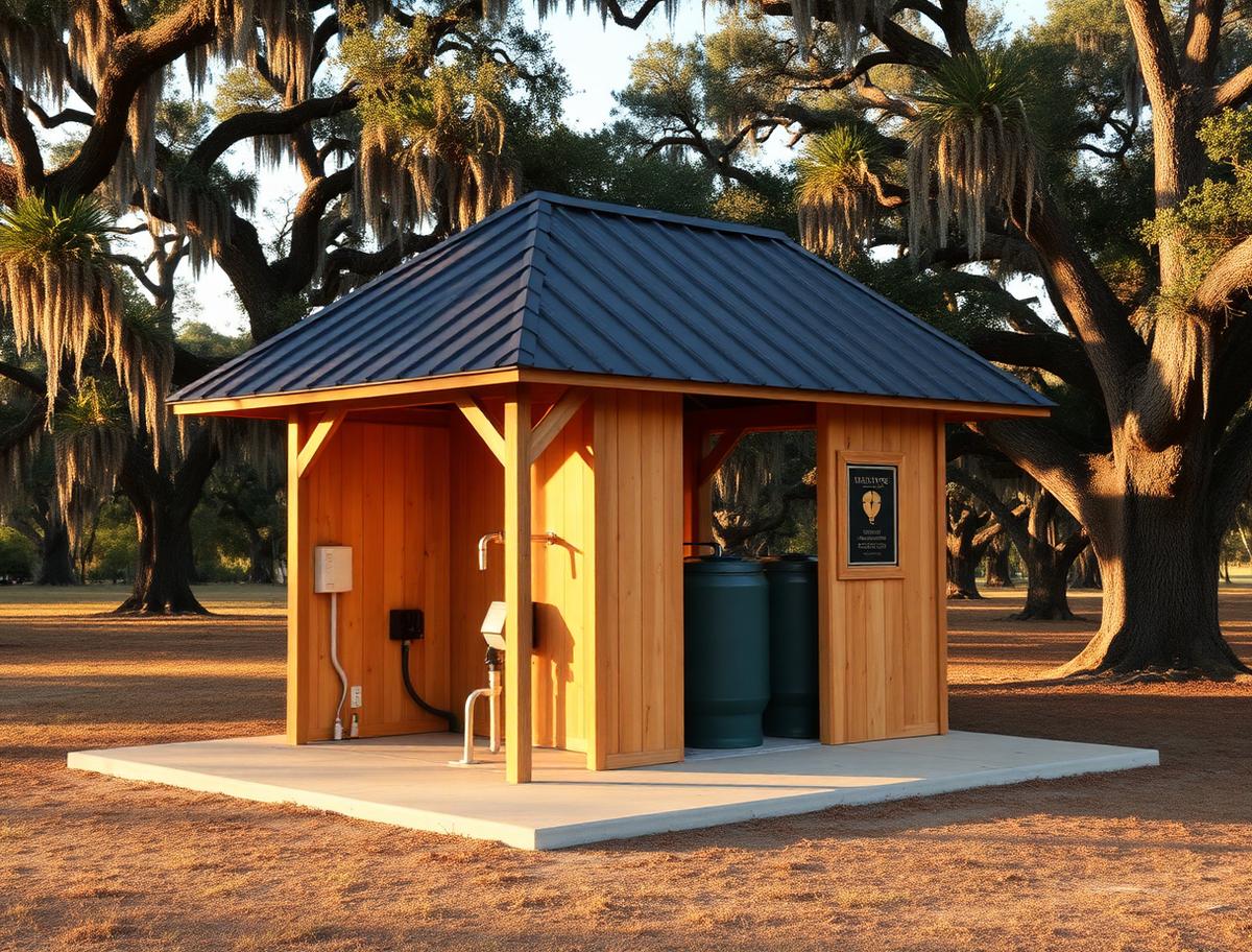 Custom wood pump shed with metal roof protecting pumps and tanks on a rural property