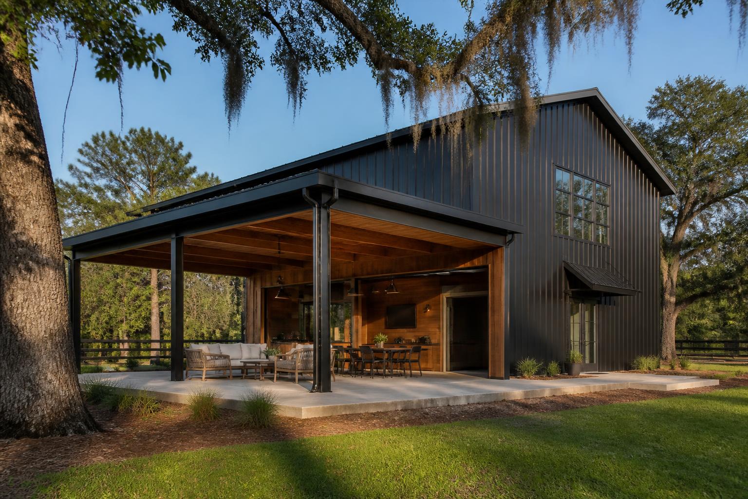 Pole barn with covered outdoor gathering area and concrete slab on a rural property
