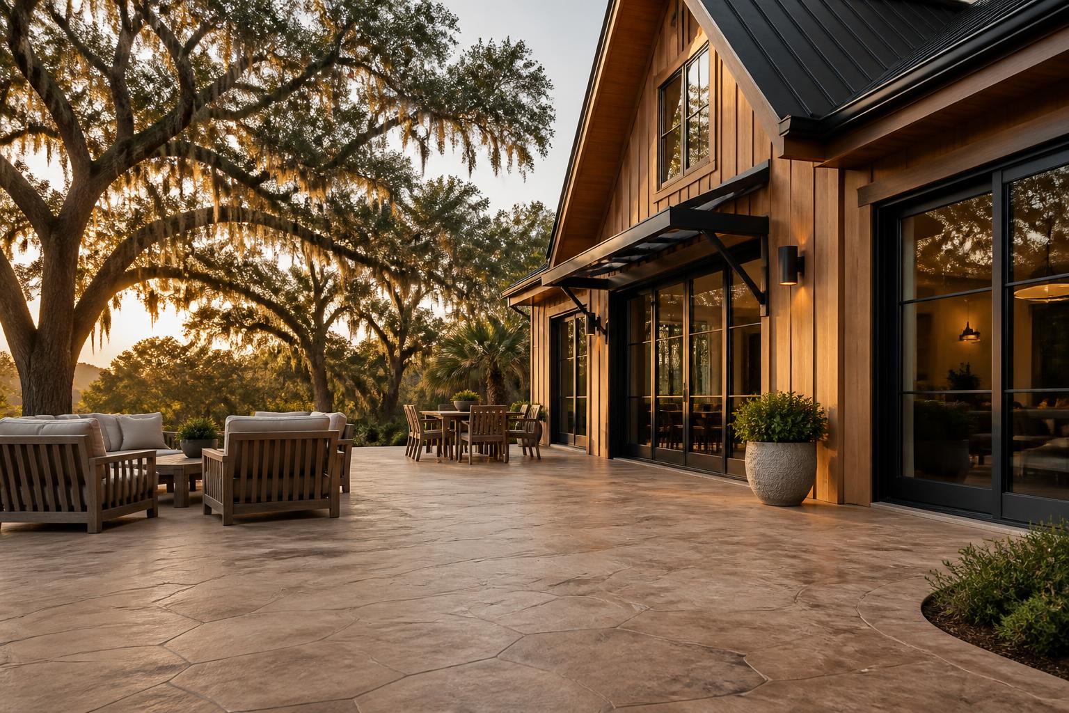 Beautiful decorative stamped concrete patio in warm earth tones beside a modern farmhouse