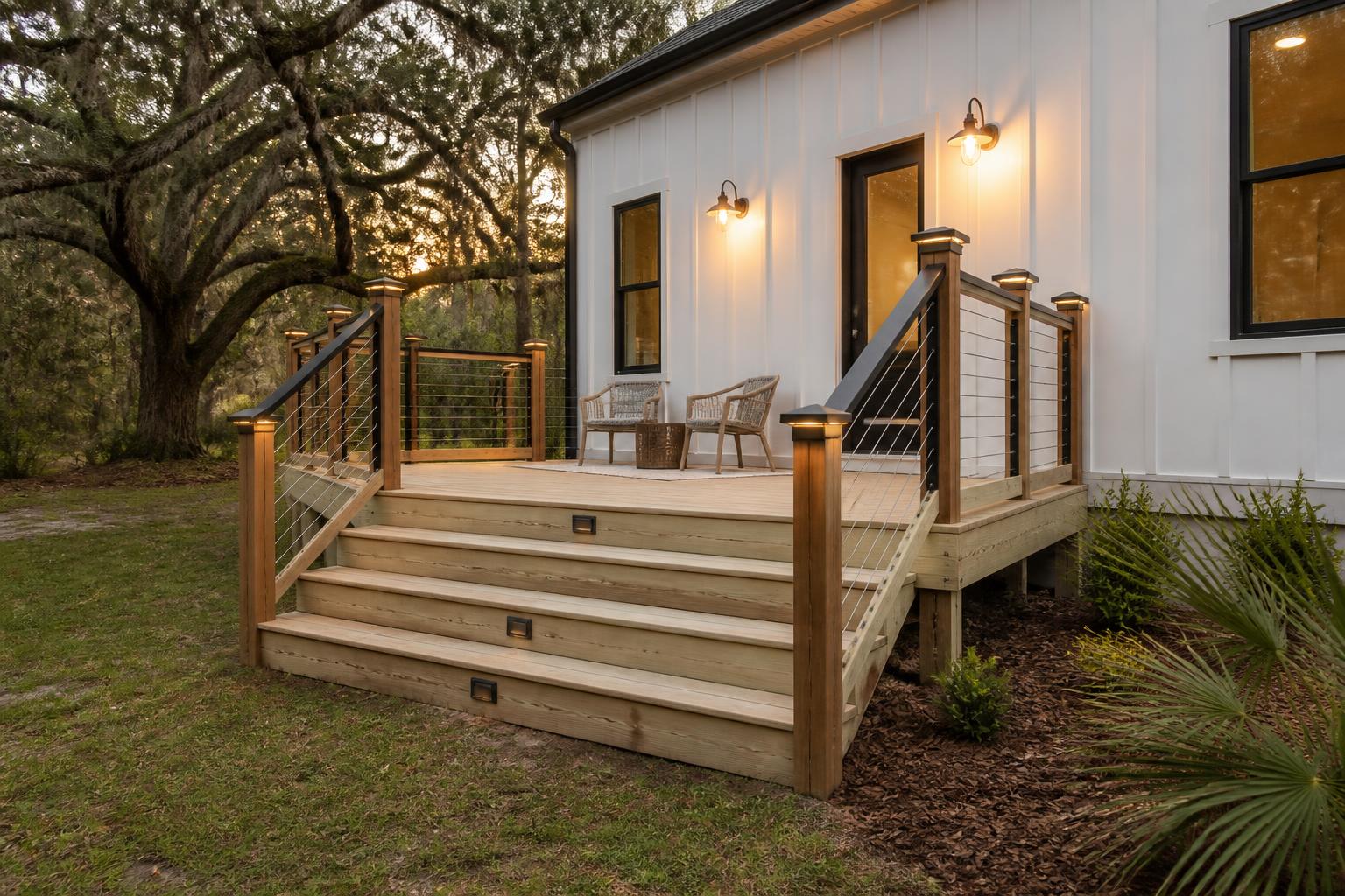 Newly built pressure-treated deck with stairs and black steel cable railing at a farmhouse back door