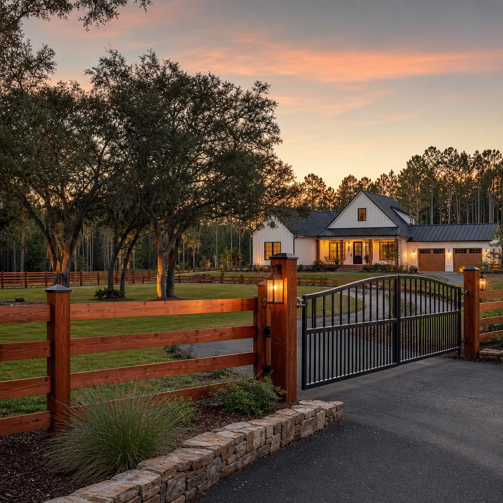 Decorative cedar post-and-rail country fence with a black steel gate beside a modern farmhouse at dusk