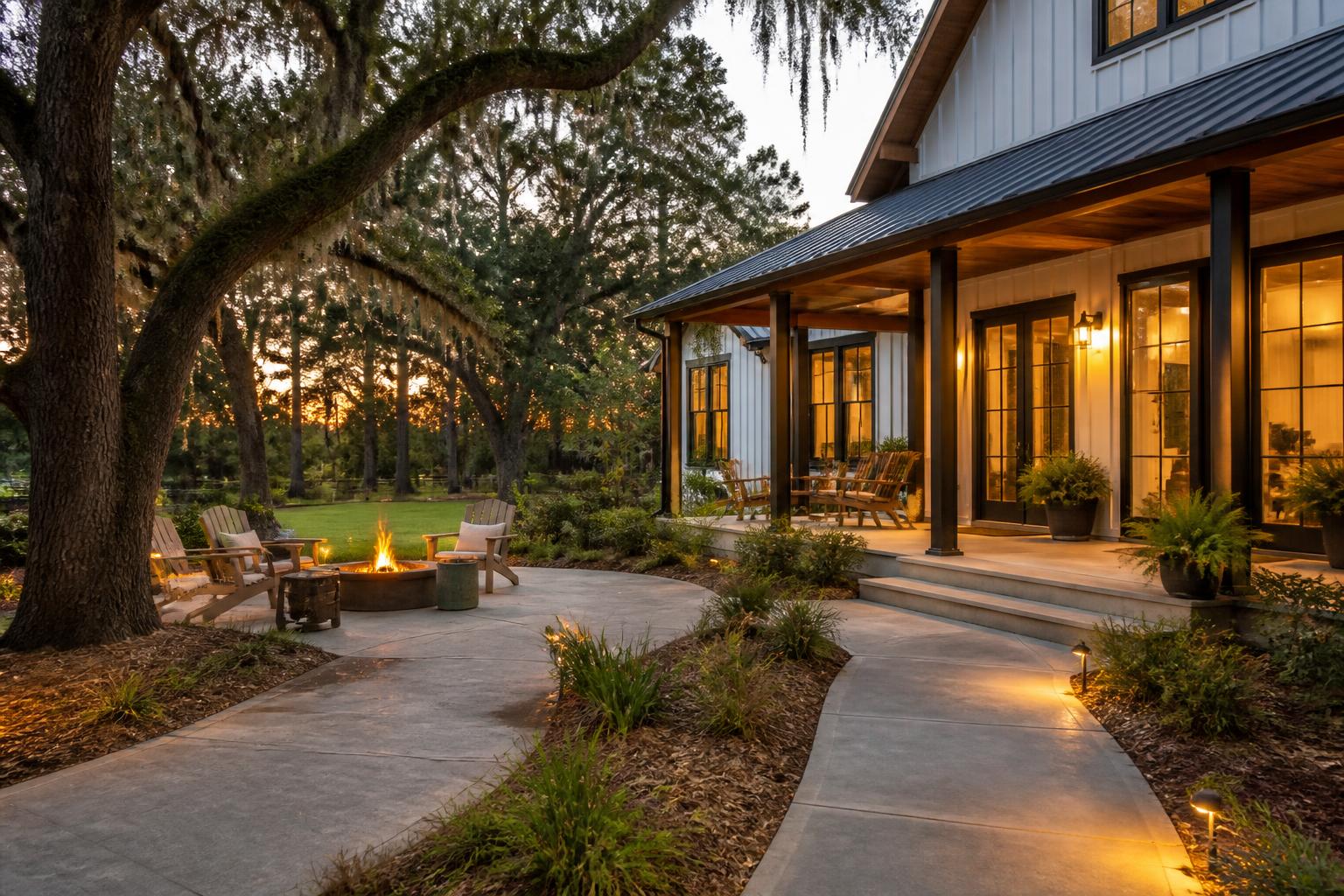 Finished paver patio and walkway with warm evening light beside a modern farmhouse