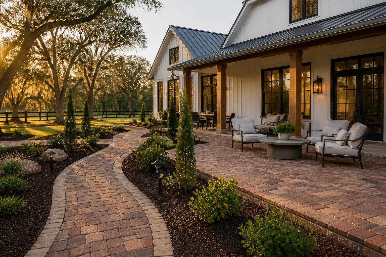 Warm earth-tone paver patio and curving paver walkway beside a modern farmhouse at golden hour