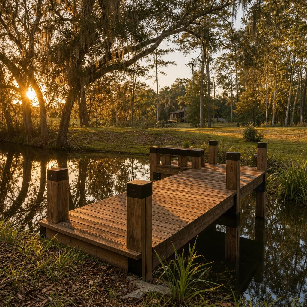 Small cedar plank dock extending into a calm reflective pond surrounded by live oaks at golden hour