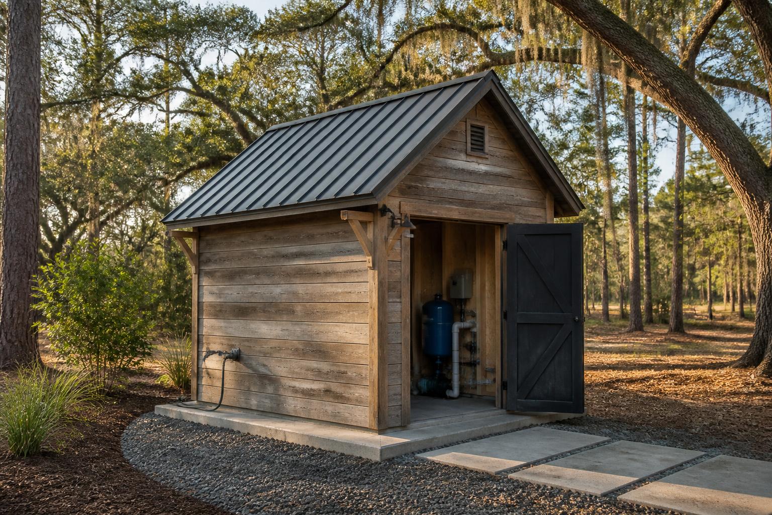 Custom concrete-based pump shed with reclaimed wood siding and metal roof on a rural property