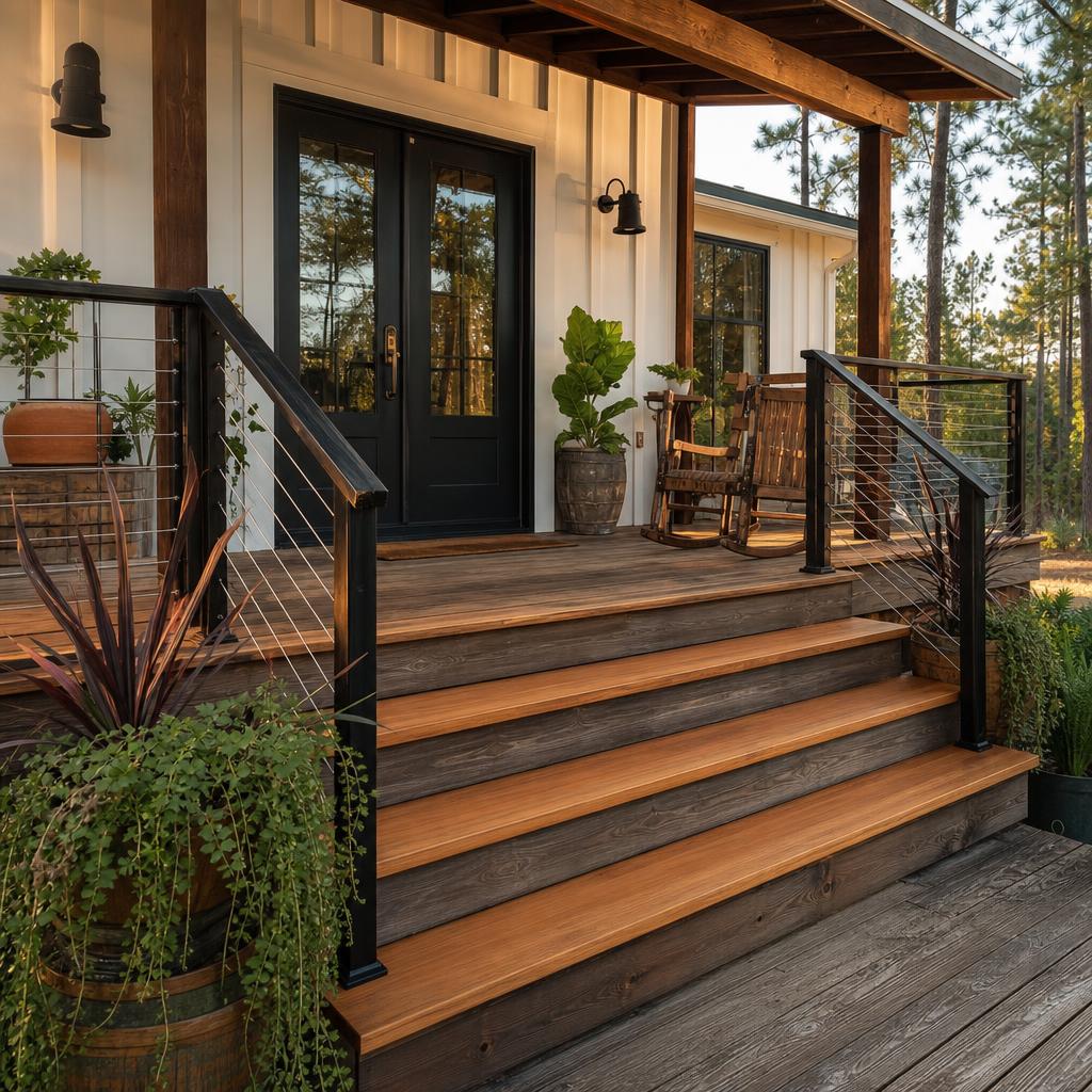 Freshly repaired wood deck with cedar step treads and black steel cable railing at a farmhouse back door