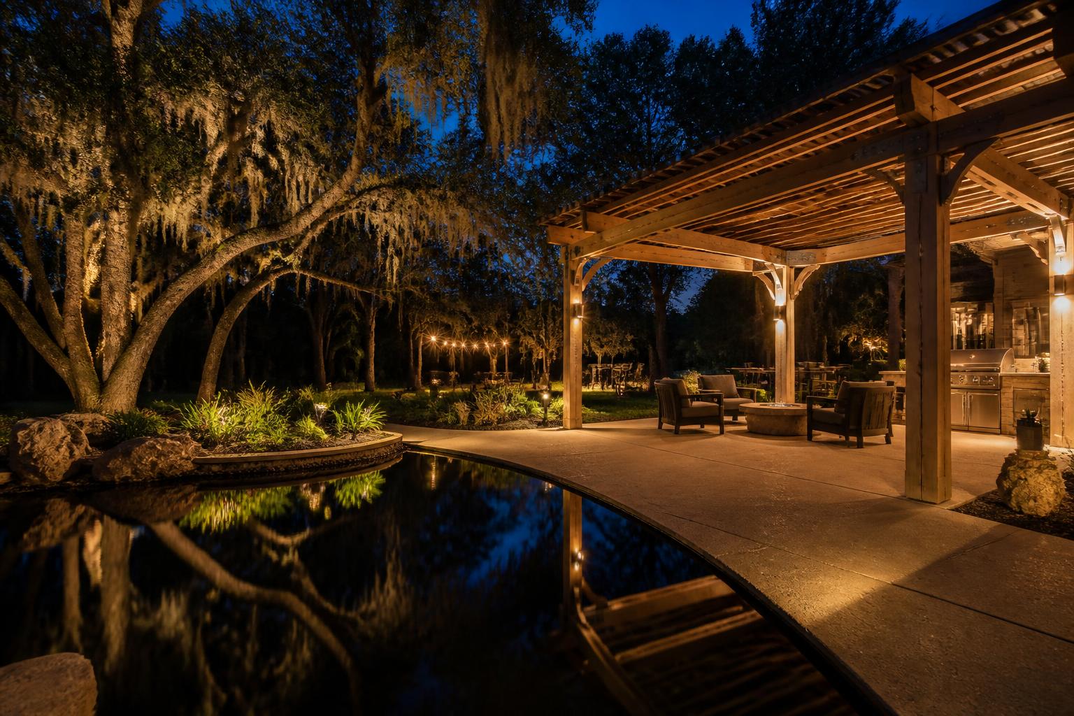 Transformed outdoor living space at night with warm lighting, cedar pergola and seating beside a pond