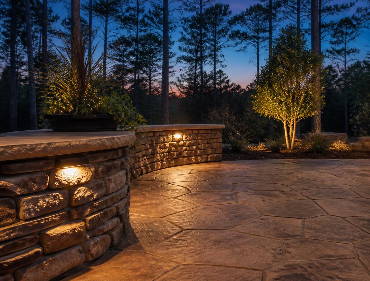 Stamped concrete patio with a stone seat wall at dusk